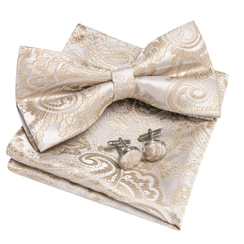 Image of YOHOWA Mens Bow Tie Set Paisley Pre-tied Bowties Adjustable with Handkerchief Cufflinks Gold Ring Set Wedding Prom Party