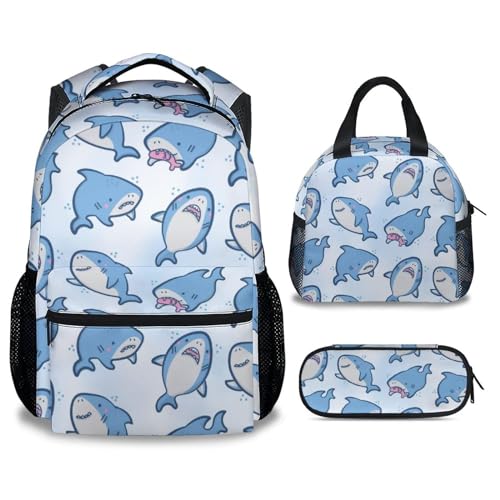 Shark Backpack with Lunch Box - Set of 3 School Backpacks Matching Combo for Girls Boys - Cute Blue Bookbag and Pencil Case Bundle