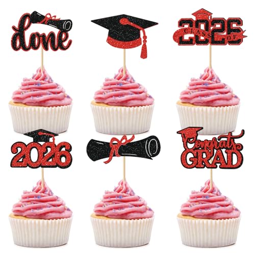 Red Graduation Cupcake Toppers 2026, 36pcs Glitter Class of 2026 Cupcake Toppers for Graduation Party Decoration Grad Cap Diploma Done Congrats Grad Picks for Food Dessert Party Supplies