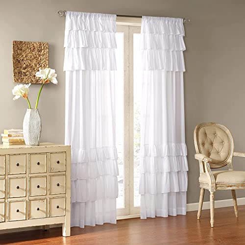 Madison Park White Living Room, Cottage Country-Rod Pocket Ruffle Bedroom, Anna Solid Voile Single Window Curtain, 50X63, 1-Panel Pack #TOP1