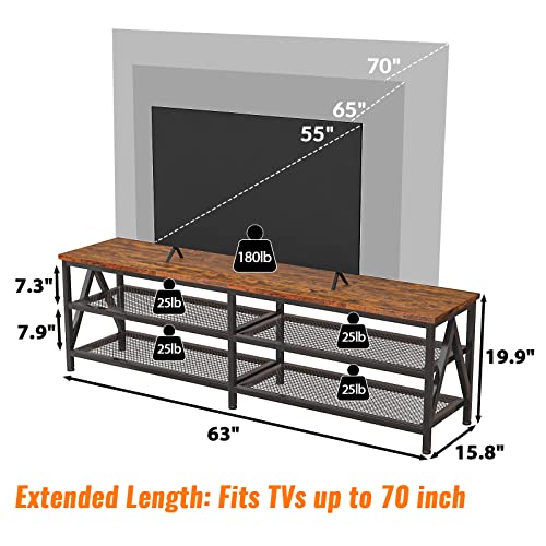 Furologee Tv Stand For 65 70 Inch Tv, Long 63" Tv Media Console Table, Tv Cabinet With 3-Tier Storage Shelves, Industrial Entertainment Center With Metal Frame For Living Room, Bedroom, Rustic Brown #TOP2