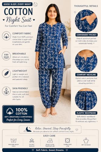 Image of Women's Cotton Night Suit Set, Printed Top and Pyjama, Casual Loungewear Sleepwear for Womens Girls