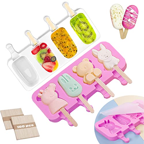 Moule à Glace Silicone Réutilisable - 4 Popsicles Rectangle + 50 Bâtonnets Bois - Parfait Pour Yaourt, Jus, Crème Glacée Maison