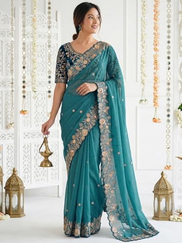 Image of SIRIL Women's Shimmer Georgette Scalloped Border Sequins Embroidery Saree with Unstitched Blouse Piece