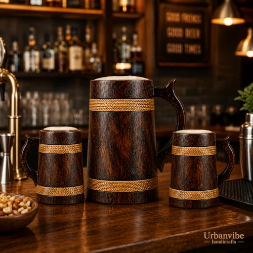 Image of Wooden Beer Bar Combo Set | Barrel Shaped Jumbo Mug | 2 Small Beer Mug 300ML (5 x 4 inches Each) & 1 Large Beer Jug 750ML (Plain Design)