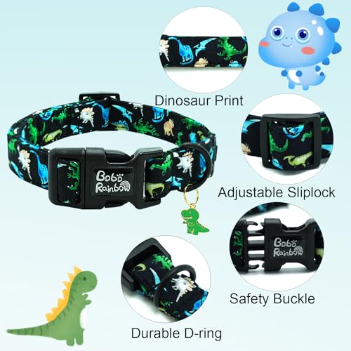 Image of Dog Collar-Black Dinosaur Adjustable Pet Collars Comfortable Spring Summer Puppy Collar Cute Durable Cotton Collars for Large Dogs