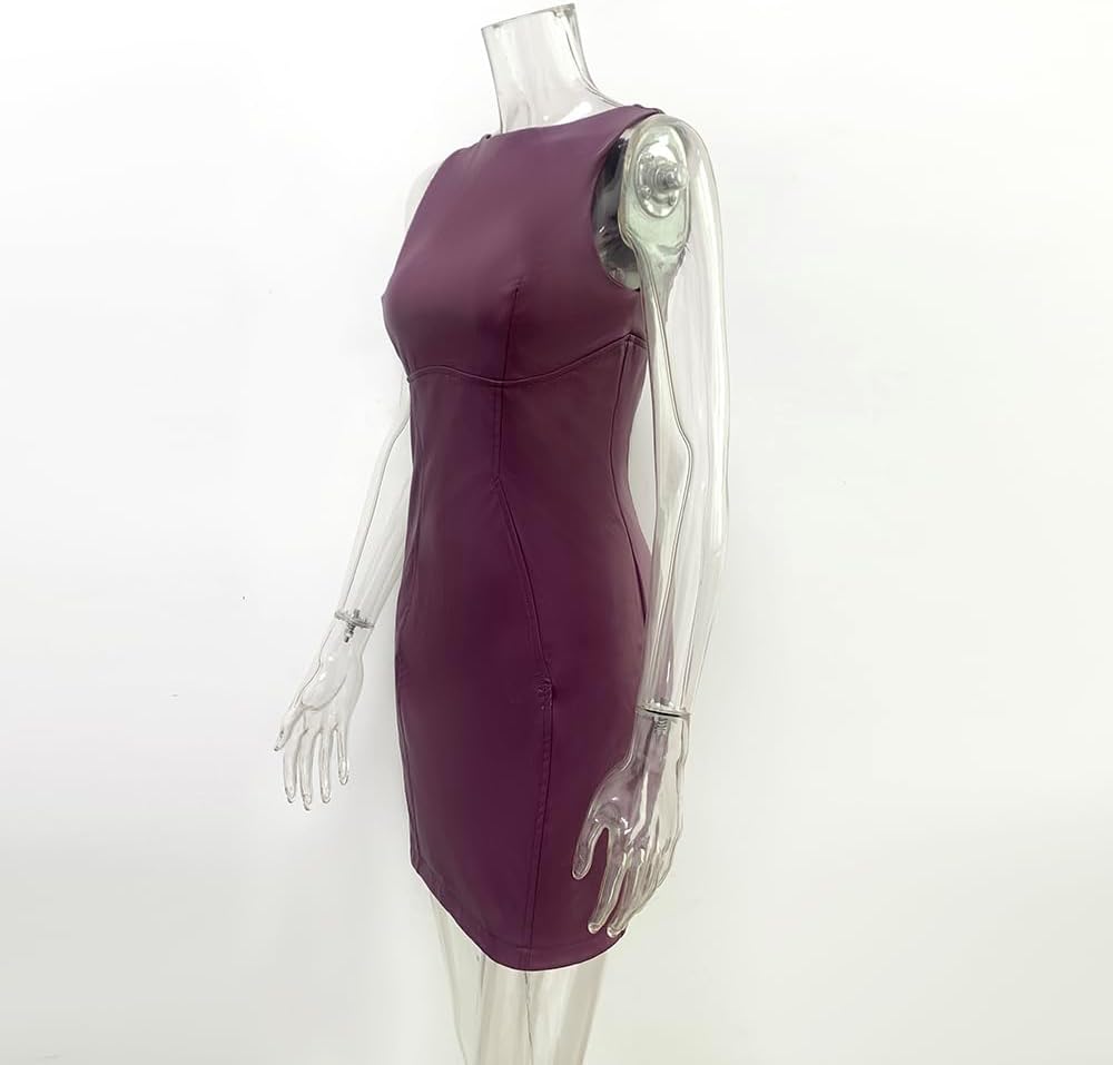 XLLAIS Sleeveless PU Sheath Dress Faux Leather Bodycon Midi Pencil Dress - Image 5