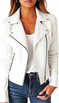ジャケット・アウター White Single Leather Jacket Women's White Real Leather Moto Jacket, Asymmetric Zipper, 24 in