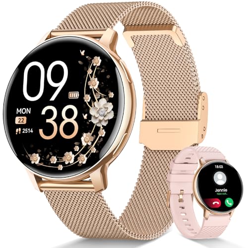 AIMIUVEI Smartwatch Damen Rund, Fitnessuhr mit Telefonfunktion 24H Pulsuhr, SpO2, Menstruationszyklus, 120+ Sportmodi, Schlaf, IP68 Wasserdicht Schrittzähler, iOS/Android, Geschenk Gold