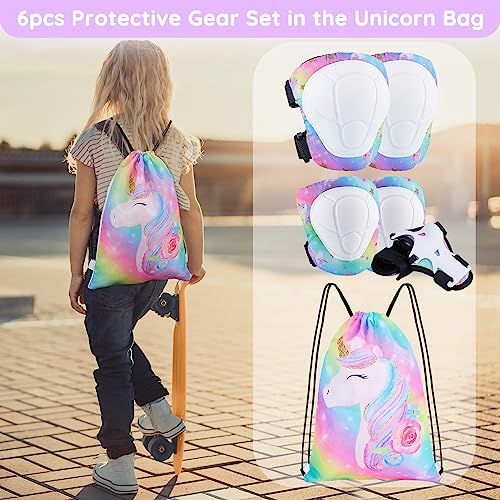 Bienbee Knee Pads for Kids,7pcs Unicorn Kids Knee Pads and Elbow Pads Set Wrist Guards for Girls Boys Protective Gear Set with Bag for Roller Skating Inline Skates Skateboard Cycling Rainbow Unicorn S