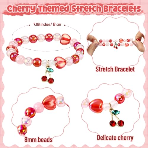 Quelay 25 Sets Cherry Bracelets Gift with Thank You Cards Bulk Bridal Shower Party Favor Cherry Themed Party Decoration for Women Bridesmaids Baby Shower Birthday Friendship Jewelry (Cute,Pink,Red)3