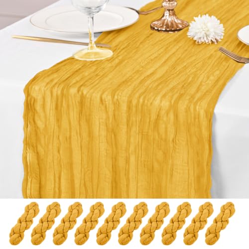 10 Pack Gold Table Runner 17 x 108inch Cheesecloth Table Runner Rustic Boho Gauze Sheer Fabric Cheese Cloth Table Runners for Wedding Party Bridal Baby Shower Birthday Spring Table Decor