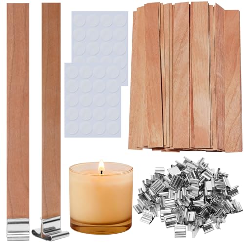 Woosuke 140 Pcs Wooden Candle Wicks Kit Includes 50 Wood Wicks (5.1 x 0.5in) 50 Iron Stands and 50 Wick Stickers Naturally Smokeless Candle Cores for DIY Candle Making