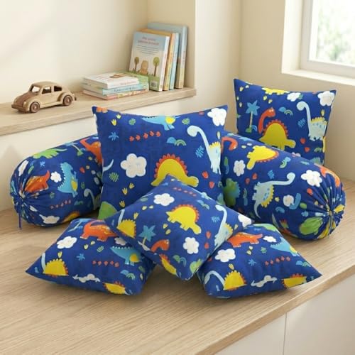 Image of Filymore Dinasour 8 Pieces Diwan Set for Kids and Living Room Made with Pure Microfiber Package Contains One Single Bedsheet, 5 Cushions Covers and 2 Bolster Covers (Colour -Blue)