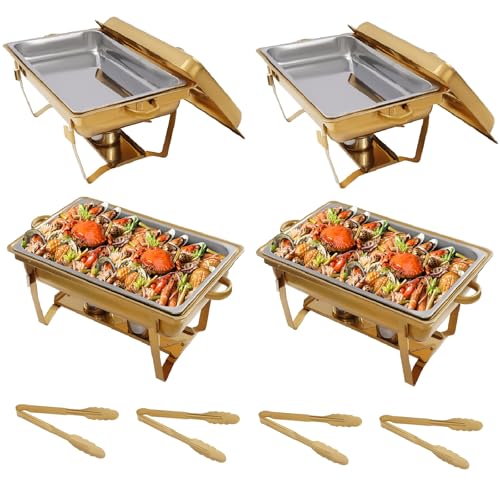 4 Pack Chafing Dishes for Buffet, 9.6 Qt Gold High Grade Dish Buffet Warmer with All-Gold Tongs, Rolled-Edge Design Food Warmers for Parties, Buffet, Wedding, Anniversary