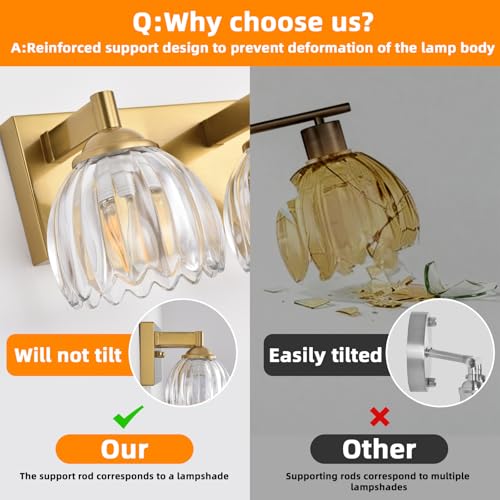 Image of Bathroom Vanity Light Fixtures, 3-Light Brushed Gold Bathroom Light Fixtures Over Mirror, Antique Wall Lights with Clear Glass Glass Tulip Light Shade for Mirror, Kitchen, Hallway, Cabinet, Porch