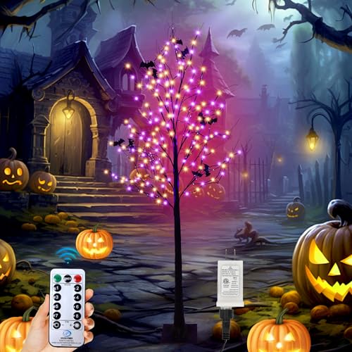 Halloween Lighted Tree with 260 LED Lights, 6FT Black Halloween Tree with Timer, 8 Modes, Dimmable, Spider Web & Bats DIY, Indoor Outdoor Halloween Decorations - image 1