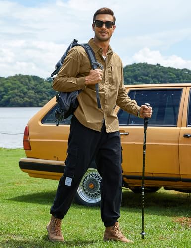 Eisctnd Men's Long Sleeve Tactical Work Shirts, Outdoor Casual Button Down Shirt with Zipper Pockets for Hiking, Safari4