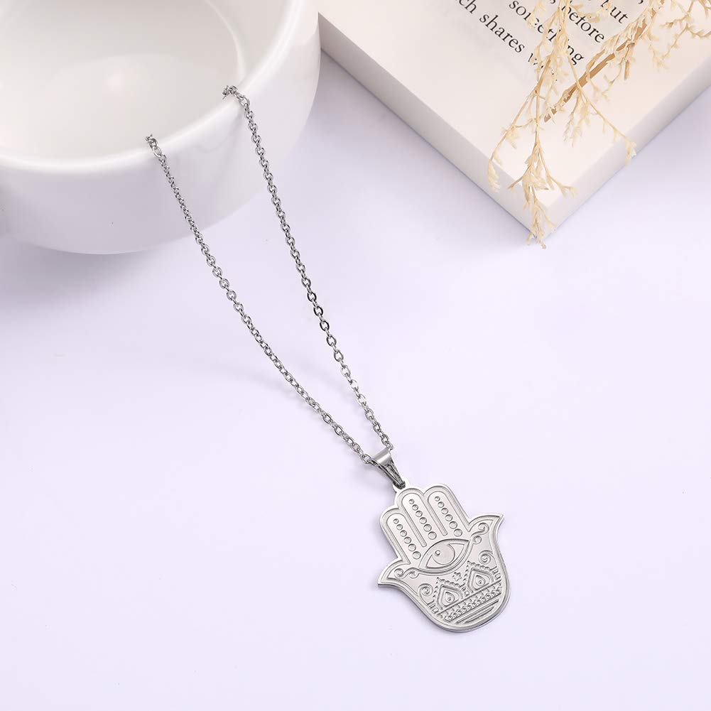 Collana Donna Mano Di Fatima Con Occhio Malocchio - Portafortuna In Acciaio Inox 316L - Amuleto Hamsa