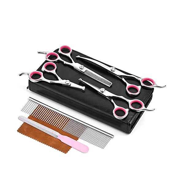 Dog Grooming Scissors Kit with 6 in 1 Stainless Steel Safety, Heavy Duty Titanium Coated Pet Grooming Scissor Supplies for Dogs, Cats and Other Animals. Dog Grooming Scissors Kit with 6 in 1 Stainless Steel Safety, Heavy Duty Titanium Coated Pet Grooming Scissor Supplies for Dogs, Cats and Other Animals.
