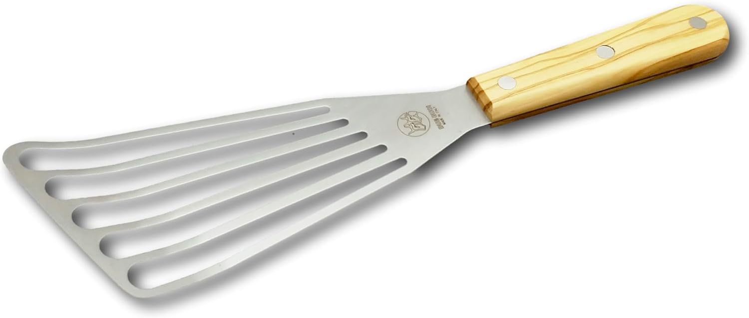 DUE BUOI Flexible Right Hand Turner Olive Wood Handle Spatula - Blade dimension 3" x 6"1/3. Professional quality restaurant. Kitchen bbq grill griddle fish fry.