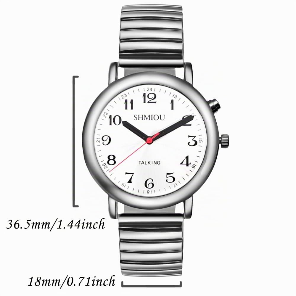 Montre parlante français pour Unisexe malvoyant Voix Forte Aiguilles Longues avec Bracelet Extensible en Acier Inoxydable argenté Montre-Bracelet à Quartz