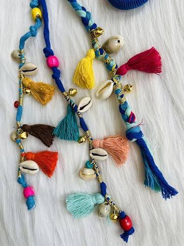 Image of Zippy Flora Boho Handmade Colorful Hair Strings for Navratri, Ethnic Look & Bohemian Styling, Blue Braided Thread Hairband & Hair Extensions, Full Length 20-22 Inch Hair Accessories