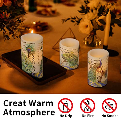 Image of Flameless Candles Peacock Decor Battery Operated Candle with Remote Real Wax Flickering LED Pillar Candle Vintage Home Decor for Spring, Summer, Wedding Decor, Mothers Day Gifts