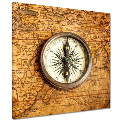 Impression sur toile haut de gamme 60x60 boussole et vieille carte maritime