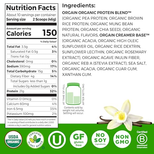 orgain organic vegan protein powder vanilla bean - 21g plant based protein 4g prebiotic fiber no lactose ingredients no added sugar non-gmo for shakes amp smoothies 102 lb packaging may vary