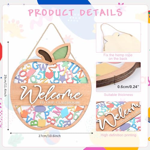 Image of HPNIUB 3D Welcome Sign for Classroom Door Decorations, Back to School Hanging Wood Sign(10.6x11.4inch), Colorful Apple-shaped Welcome to Our Classroom Plaque for School Bulletin Board Teacher Supplies