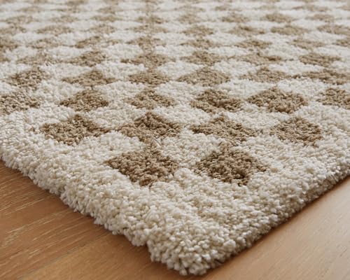 Image of Signature Design by Ashley Checkered Shag Area Rug, Taupe /Ivory, 5x7