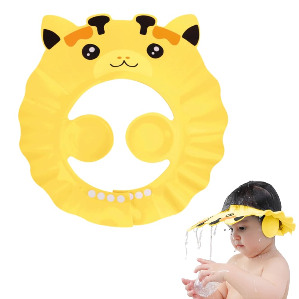 Baby Shower Cap with Earmuffs Foldable Anti-Reflux Cartoon Baby Shower Head Cap Adjustable Bathing Shower Protection Hat Soft