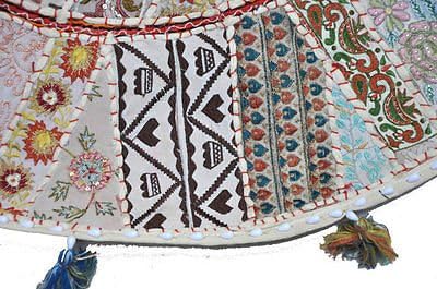 Beautifull Round Floor Pillow Cushion Bohemian Patchwork Pouf Ottoman Vintage Indian Foot Stool Bean Bag Floor Pillow Cover Home Decor, Living Room Ottoman, Bohemain Pillows 18 Inch (White)