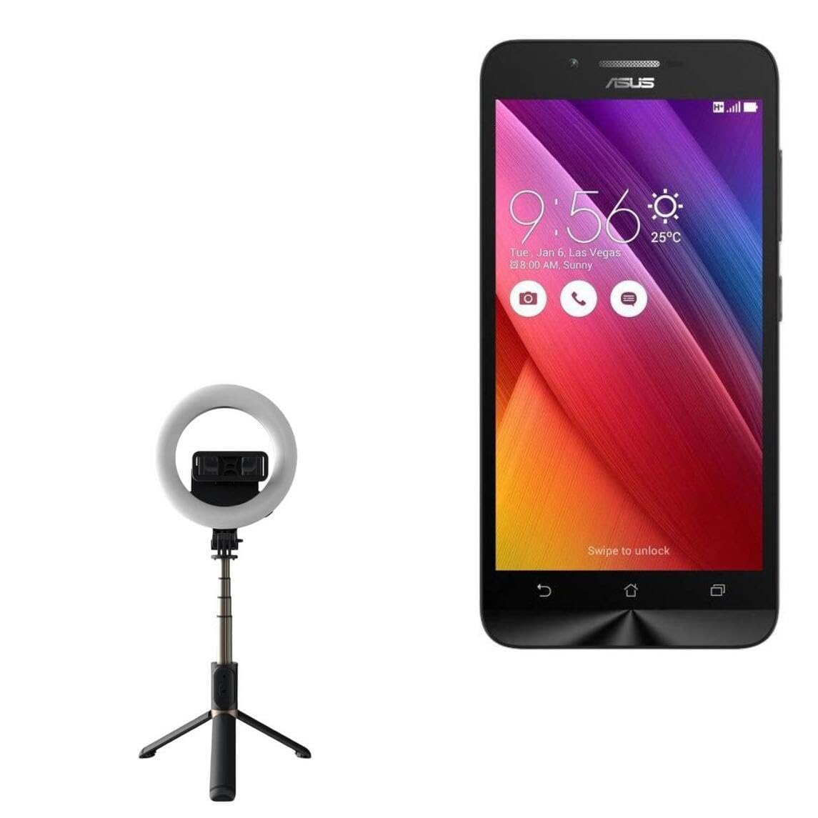 BoxWave Stand and Mount Compatible with ASUS Zenfone Go ZC500TG - RingLight SelfiePod, Selfie Stick Extendable Arm with Ring Light - Jet Black