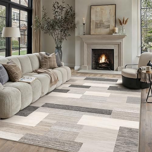 PureCozy Alfombra Salon 200x300cm Beige Alfombras Habitacion Grandes Antideslizante Lavable Lavadora Moderna Carpete Dormitorio Sala Comedor Pie Cama Pelo Corto Suave Carpet Geométrica
