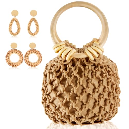Image of Sweetude Mini Clutch Tote Handbag 2 Pairs Rattan Earrings for Women Crossbody Bag Bohemian Woven Clutch Bucket Handbag