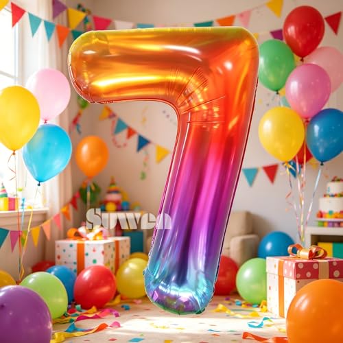 Image of SUWEN Rainbow Number 7 Balloon 40 Inch,Big Colorful Balloons 0-9 | Large Gradient Jelly 7th Helium Foil Mylar Number Multicolor Balloons for Birthday Anniversary Party Decorations