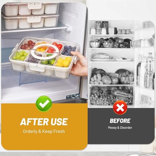 Image of Divided Fridge Storage Box with 8 Compartment | Veggie Tray for Refrigerator Organizer with Lid Handle Removable Baskets | Fruit Storage Container Kitchen Organizer