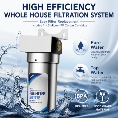 Image of Whole House Water Filter Housing, 304 Stainless Steel, Fits Standard 10 inch x 2.5 inch Sediment Filters, 3 /4 inch Brass Port Pre-Filter System for Well & City Water, Includes Wrench and 1 PP Sediment Filter