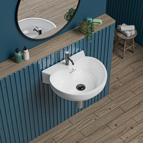 Image of REMOTION Ceramic Wall Hung Corner Wash Basin for Bathroom | Wall Mounted Corner Sink for Small Bathrooms & Powder Rooms | Space-Saving, Durable & Stylish Design (16 x 15 x 5 Inch)
