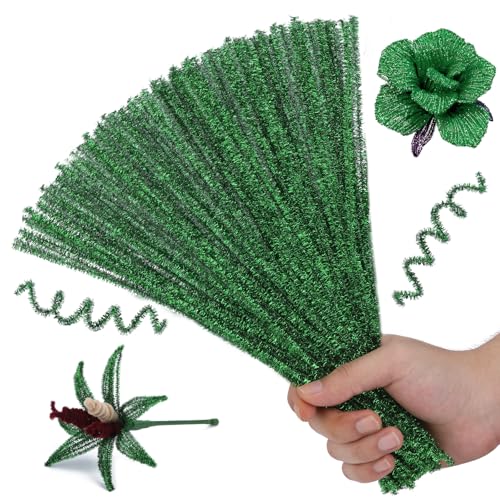 Image of Hssugi Green Pipe Cleaners, 100PCS Pipe Cleaners Craft Supplies | Glitter Green Pipe Cleaners Bulk Fuzzy Sticks for DIY Art and Craft Projects Home Decoration