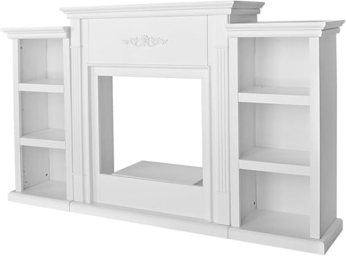 Barton 70" Media TV Stand for Portable Fireplace Bookcases Large Mantel Freestanding with 6 Book Shelfs (White-Stand only) Ivory White