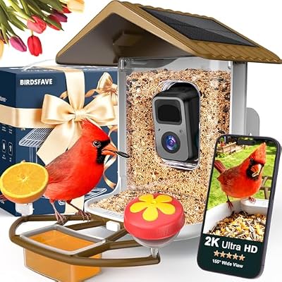 BIRDSFAVE Bird Feeder with Camera Solar Powered, 2K Live Arrival Alert Auto Capture Video with 32GB TF Card, AI Identify Smart Camera Bird Feeder Ourdoor Backyard Gift for Mom Dad Birdlover, 2.4G WiFi