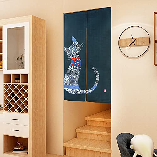 Ligicky Noren Japanese Style Doorway Curtain Cat With Traditional Chinese Floral Printed Door Tapestry Boho Décor Room Divider Curtains, 33.5" Width X 59" Long Navy Blue #TOP1