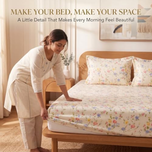 Image of VAS COLLECTIONS 240 TC Premium Fitted Bedsheet, Floral Printed King Size Elastic Deep Pocket Mattress Cover, Soft Breathable Bed Sheet for Bedroom, 72 x 78 + 10 Inches (183 x 198 + 25 cm) - Coral Rose