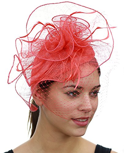 NYFASHION101 Cocktail Formal Party Face Veil Floral Mesh Fascinator Headband, Coral
