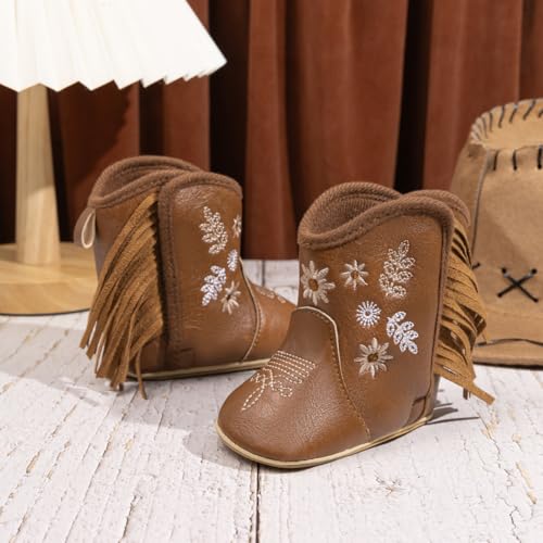 Image of Meckior Baby Girls Cowboy Tassel Boots Side Zipper Moccasins Soft Bottom Non-Slip Toddler Shoe