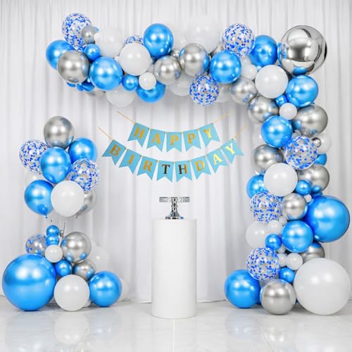 Image of Happy Birthday Decoration Kit for Baby Teenage Girls Men Women Adults Home Table Year With 30 Pc Dark Blue White Silver Balloons 1 Pc Sky Blue Happy Birthday Paper Banner Items Set Combo