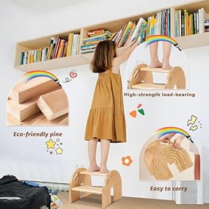 Rainbow Wooden Toddler Step Stool Two Step Stool for Bathroom Kitchen and Potty Training with Safety Non Slip Pad Handle and Auto LightNatural